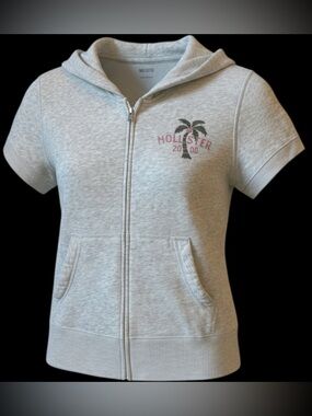 Hollister Heather Gray Short Sleeve Zip Hoodie with Palm Graphic